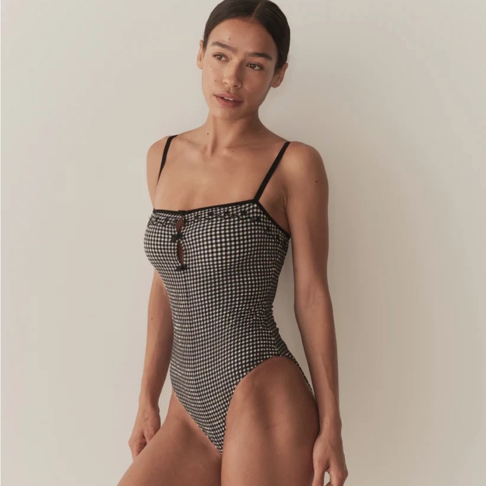DOEN Adrielle Maillot Black White Gingham Bows One Piece Swimsuit XS